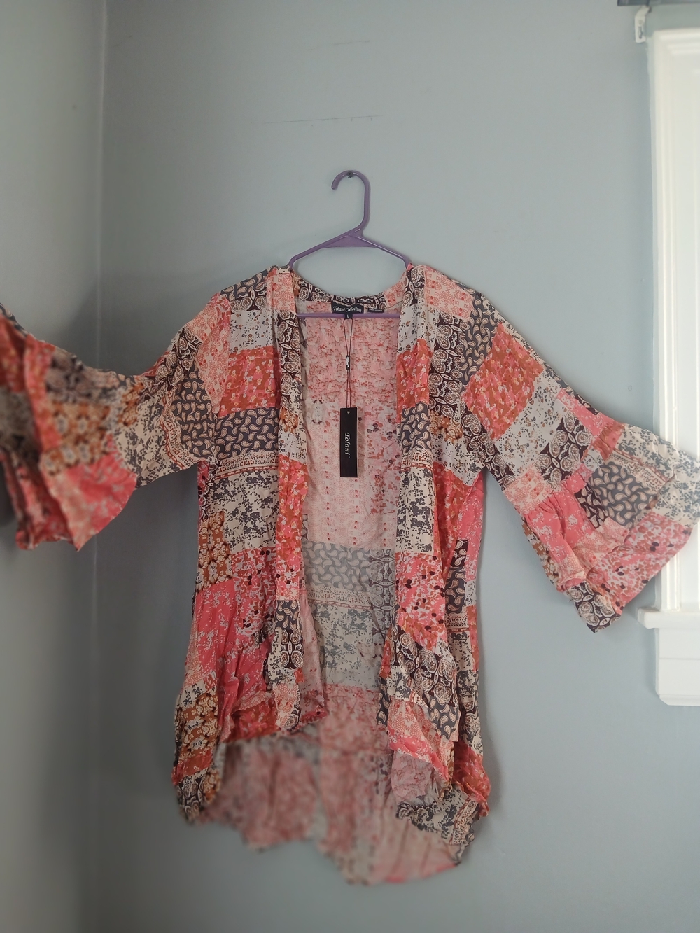 Tolani Patchwork Kimono Tunic - Coral, Cream, Black
